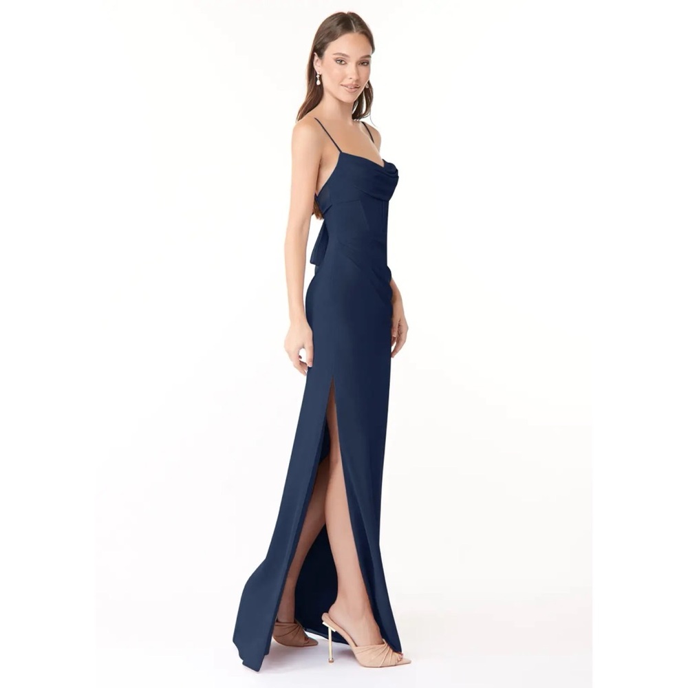 Azazie Mai Dark Navy Bridesmaid Dress US 10 A10 Ruched Chiffon Maxi Gown - Picture 2 of 13